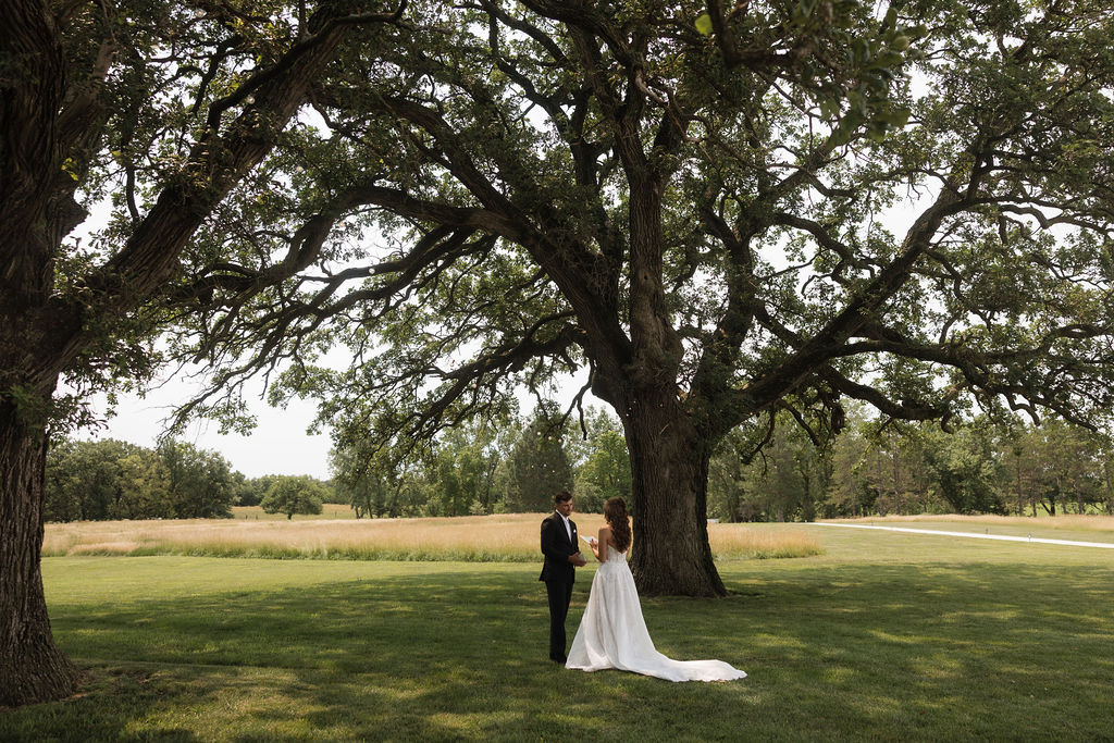 Bride and groom under a large oak tree on 20 acres at a country wedding venue in Iowa
